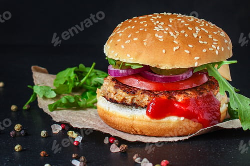 Preview: Burger Meat Cutlet Beef Steak, Tomato, Sauce And Lettuce (Tasty Meat Snack Sandwich) Menu Concept