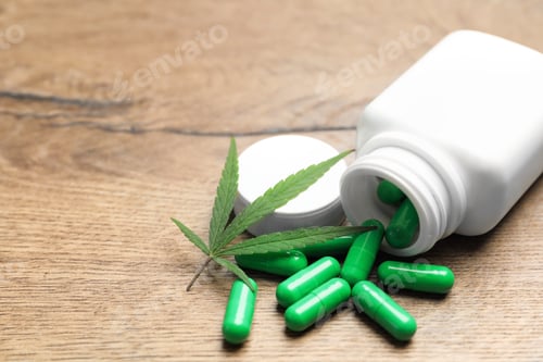 Preview: Green Capsules and Cannabis Leaf on Wooden Surface