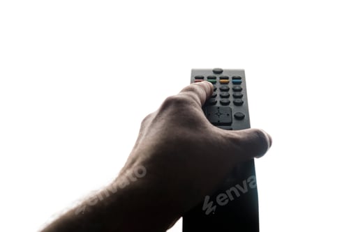 Preview: Hand holding tv remote isolated on white background.