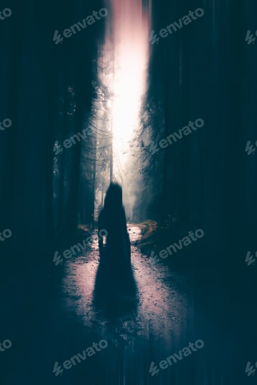 Preview: Horror halloween concept. strange silhouette in a dark spooky forest at night