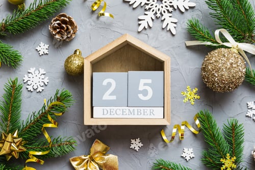 Preview: Christmas calendar 25 december. Christmas gift, fir branches, pine cones