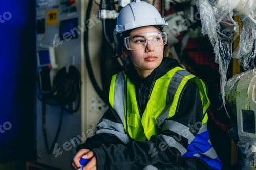 Preview: Professional maintenance worker with machine robotic arms at industrial factory