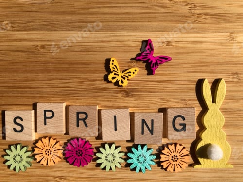 Preview: The word Spring in 3D wooden alphabet letters with a bunny rabbit