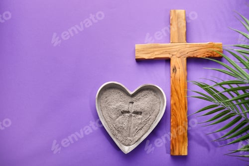 Preview: Ash Wednesday, Lent Season and Holy Week concept. Christian crosses and ashes on purple background.