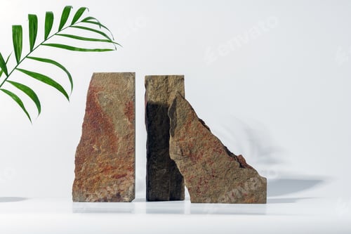 Preview: Granite stone with branch green leaf on studio background