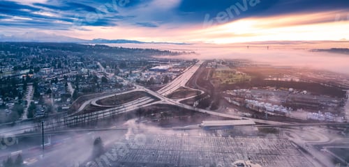 Preview: Trans-Canada Highway in a modern city. Foggy Morning Sunrise.