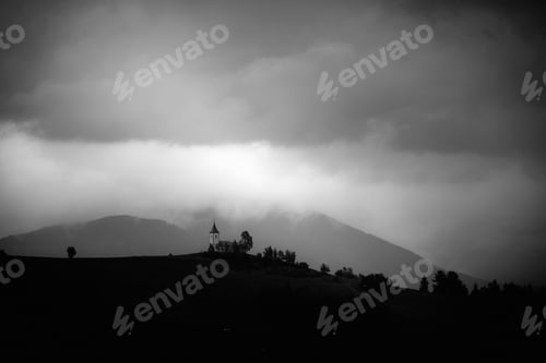 Preview: St.Primoz church ,Jamnik, Slovenia - moody black and white photo