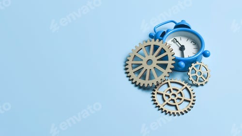 Preview: Concept of Time Management and Mechanical Efficiency with Blue Alarm Clock and Wooden Gears
