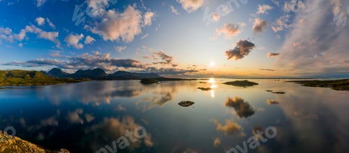 Preview: Beautiful Norwegian fjord at sunset. Aerial view