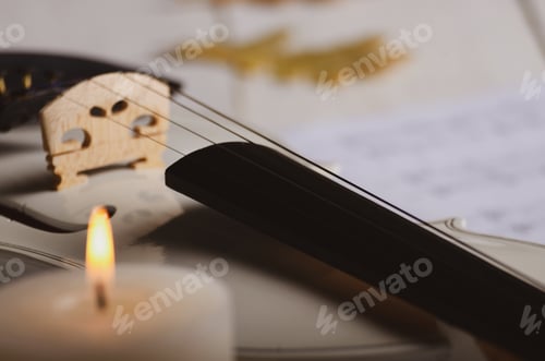 Preview: Close view of a white violin dry oak leaves musical notes and ca