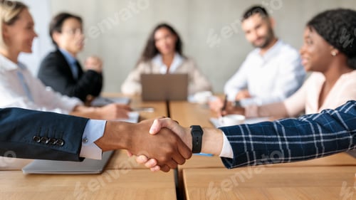Preview: Closeup Of Handshake Greeting At Corporate Meeting, Cropped, Panorama