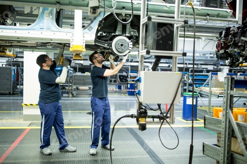 Preview: Two colleagues working at car underbody in modern factory
