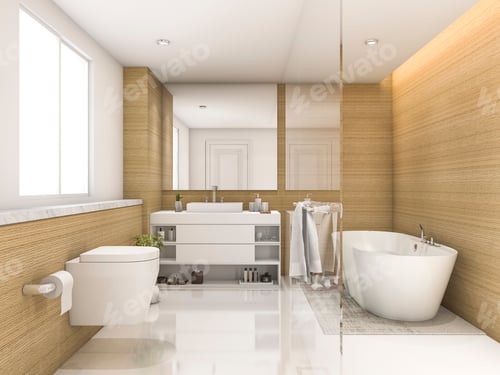 Preview: 3d rendering beech wood and white minimal bathroom and toilet