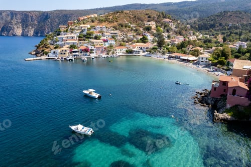Preview: Drone aerial view of Greek village of Asos on the west coast of the island of Cephalonia , Kefalonia