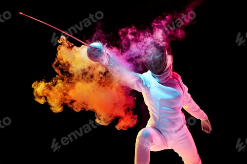 Preview: Teen girl in fencing costume with sword in hand isolated on black background