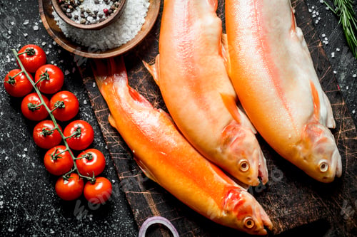 Preview: Raw trout on a cutting Board with spices, rosemary and tomatoes on a branch.