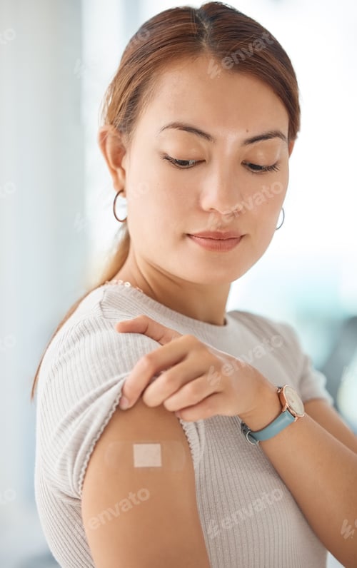 Preview: Healthcare, covid and vaccine with woman and bandaid on arm for medical, patient and wellness again
