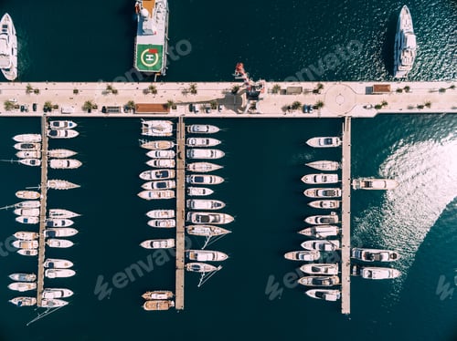 Preview: Aerial view of white yachts moored in neat rows on the pier in Porto