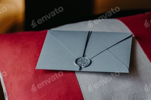 Preview: Grey invitation card for wedding or special occasion on red and white pillow