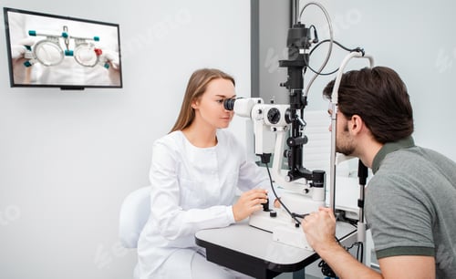 Preview: Eye doctor woman is doing a diagnostic vision exam adult man. Eye exam and diagnostic eye diseases