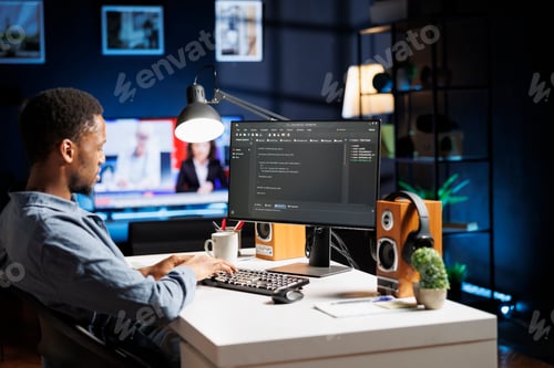Preview: System engineer typing in script code for security and protection