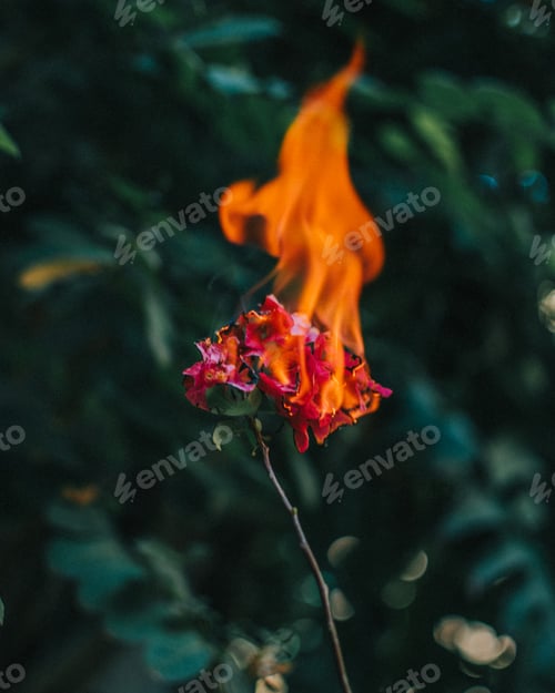 Preview: Vertical shot of a red flower on fire in a forest