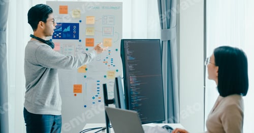 Preview: Asia male female software developers mentor leader manager talk strategy plan.