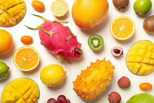Preview: Set of tropical fruits on white background, top view