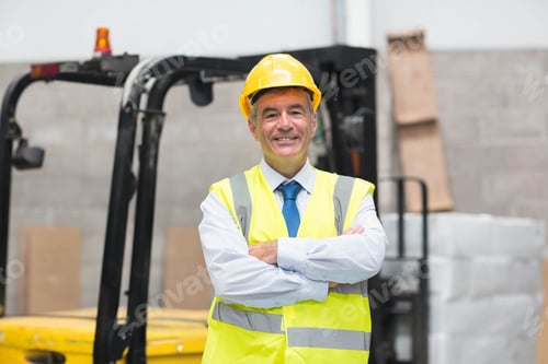 Preview: Man standing in warehouse wearing safety vest and hard hat by forklift with stacked pallets