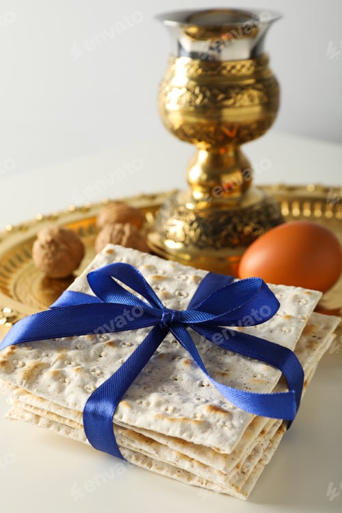 Preview: Matzo, nuts, egg and cup on tray on light background, close up