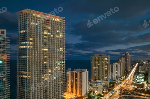 Preview: Night urban landscape of downtown district in Sunny Isles Beach city in Florida, USA.