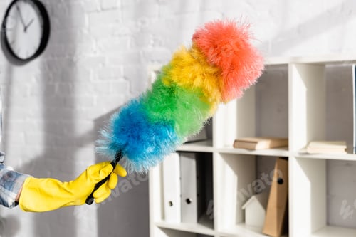 Preview: Cropped view of woman in yellow rubber glove holding colorful dust brush at home