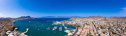 Preview: Aerial panoramic view of Mindelo waterfront in Sao Vicente Island in Cape Verde
