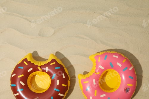 Preview: Rubber rings on sand background, space for text