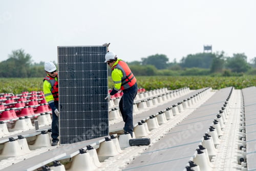 Preview: Front view of professional technician workers stand and hold solar cell panel to check problem