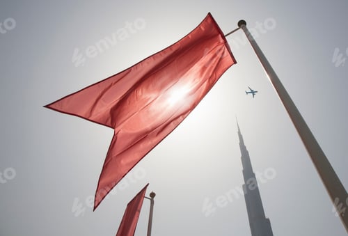 Preview: Low angle view of bright red flag on flagpoles fluttering in the wind, clear sky.
