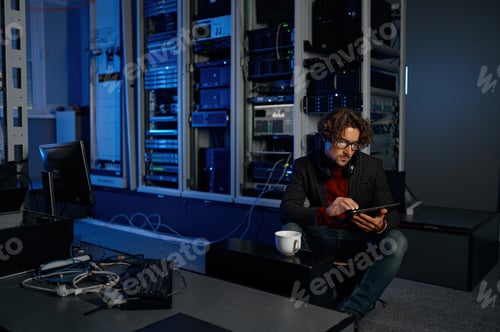 Preview: Male IT technician working in server room with tablet