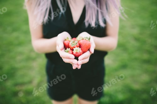 Preview: Woman holding fresh red strawberries in a field