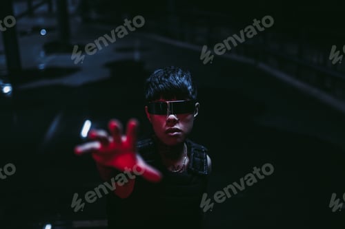 Preview: The man pulls his hand up. Cyberpunk style. Night parking.