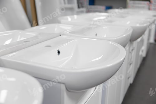 Preview: Modern classic ceramic sink assortment at plumbing shop closeup selective focus