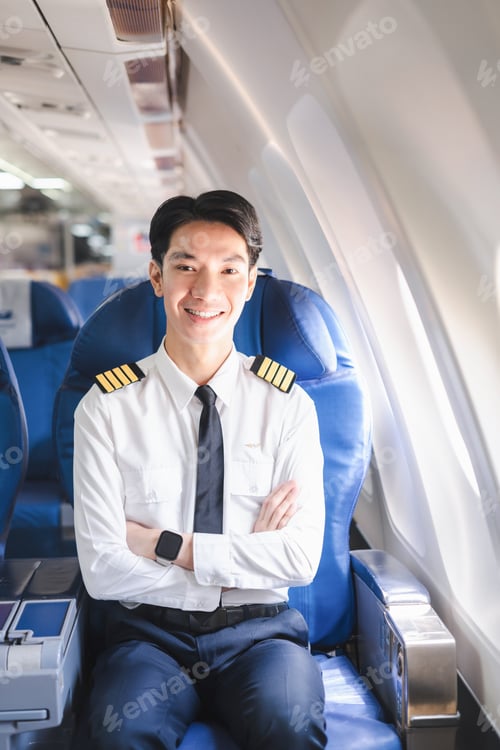 Preview: happy airplane captain working on laptop computer and smartphone while sitting in airplane.