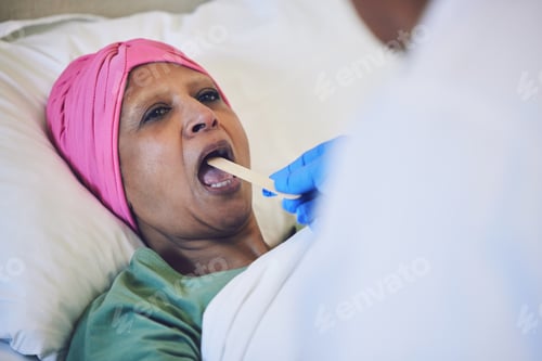 Preview: Throat stick, sick and patient in bed with cold, flu or respiratory illness at her home. Cancer, me