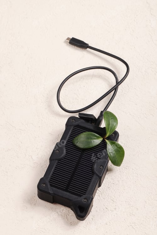Preview: cheapest source of electricity. power box, portable solar battery for phone on white background.