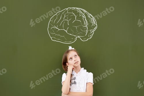 Preview: Kid Student Girl Against School Blackboard Having Good Idea