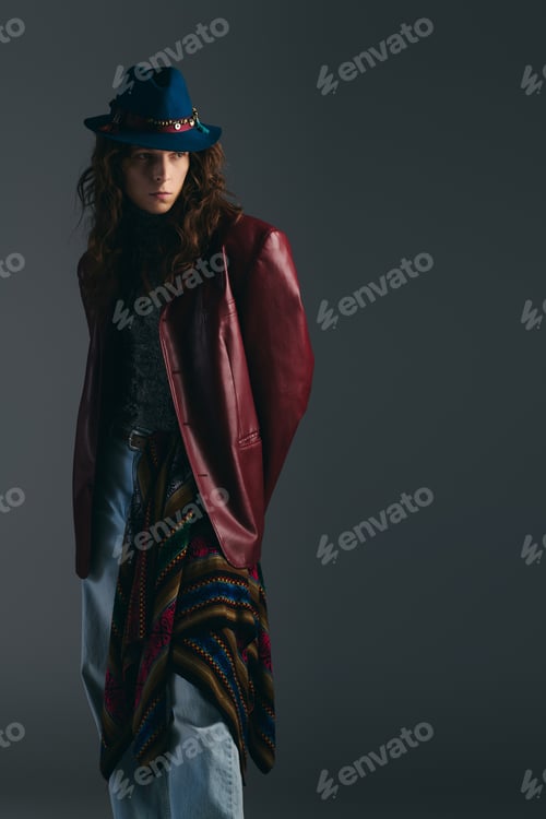 Preview: Stylish young man exudes confidence in a vibrant outfit against a muted backdrop