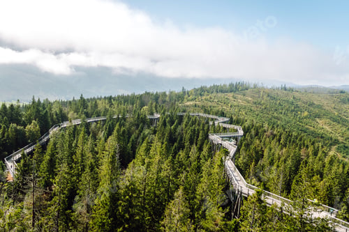 Preview: Wooden bridge in middle of the forest with view of mountains, Tatras. Architecture concept, hiking.