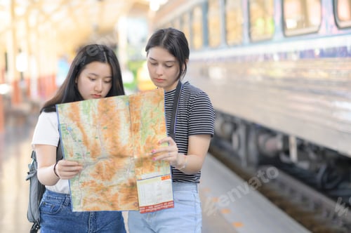Preview: Two teenage girls looking at a map to travel by train.