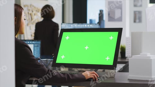 Preview: Cad specialist using computer with greenscreen at office desk