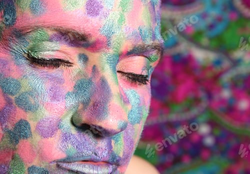 Preview: Woman With Colorful Makeup Covering Face. Close up