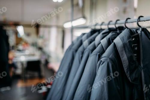 Preview: Row of jackets on hangers, clothing store, fabric